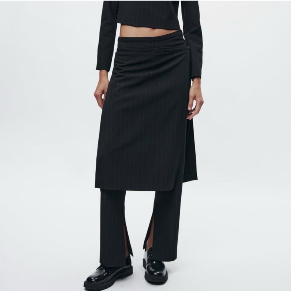 Zara Black Pinstripe Pareo Skirt Over High-waist Trousers, Size XS, NWOT